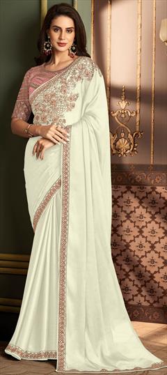 Festive, Traditional, Wedding White and Off White color Saree in Silk fabric with South Embroidered, Sequence, Thread work : 1934695