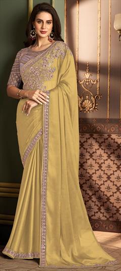 Festive, Traditional, Wedding Gold color Saree in Silk fabric with South Embroidered, Sequence, Thread work : 1934696