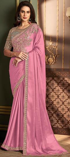 Festive, Traditional, Wedding Pink and Majenta color Saree in Silk fabric with South Embroidered, Sequence, Thread work : 1934697