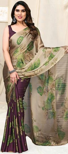 Festive, Party Wear Beige and Brown, Purple and Violet color Saree in Chiffon fabric with Classic Floral, Printed work : 1934882