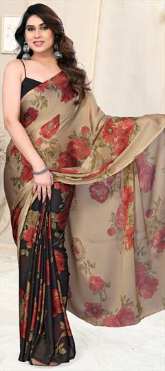 Festive, Party Wear Beige and Brown, Black and Grey color Saree in Chiffon fabric with Classic Floral, Printed work : 1934885