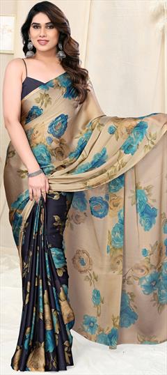 Festive, Party Wear Beige and Brown, Blue color Saree in Chiffon fabric with Classic Floral, Printed work : 1934889