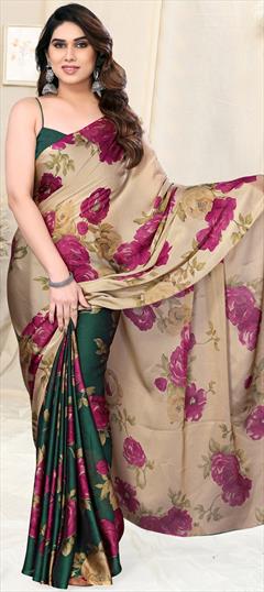 Festive, Party Wear Beige and Brown, Green color Saree in Chiffon fabric with Classic Floral, Printed work : 1934892