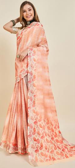 Summer, Traditional Pink and Majenta color Saree in Linen fabric with Bengali Floral, Printed work : 1934905