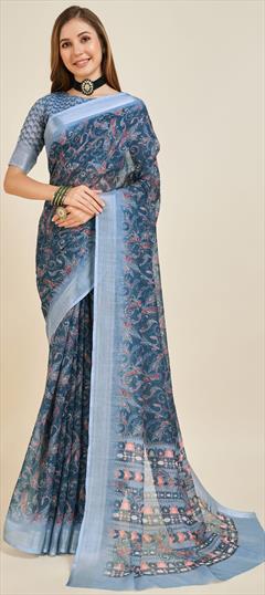 Summer, Traditional Blue color Saree in Linen fabric with Bengali Printed work : 1934906