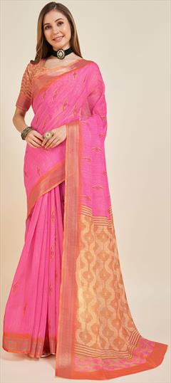 Summer, Traditional Pink and Majenta color Saree in Linen fabric with Bengali Printed work : 1934909