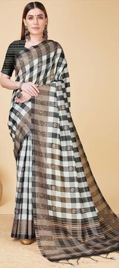 Summer, Traditional Black and Grey, White and Off White color Saree in Cotton fabric with Bengali Printed work : 1934910