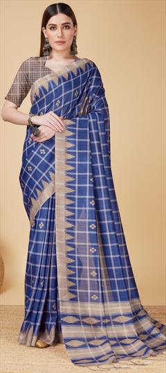 Summer, Traditional Blue color Saree in Cotton fabric with Bengali Printed work : 1934911