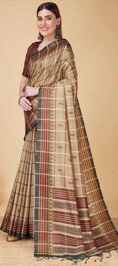 Summer, Traditional Beige and Brown color Saree in Cotton fabric with Bengali Printed work : 1934912