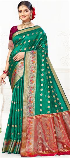 Summer, Traditional Green color Saree in Cotton fabric with Bengali Weaving, Zari work : 1934938