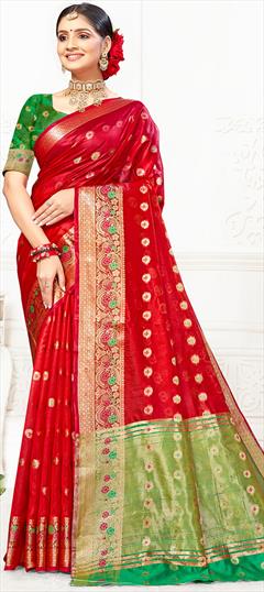 Summer, Traditional Red and Maroon color Saree in Cotton fabric with Bengali Weaving, Zari work : 1934939