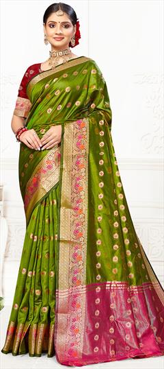 Summer, Traditional Green color Saree in Cotton fabric with Bengali Weaving, Zari work : 1934941