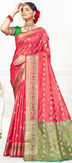 Summer, Traditional Pink and Majenta color Saree in Cotton fabric with Bengali Weaving, Zari work : 1934942