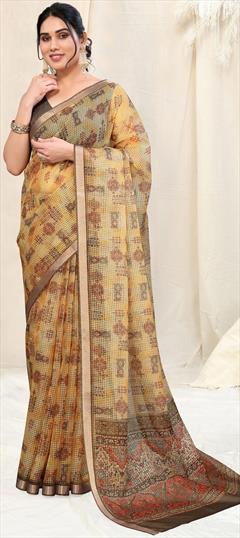 Festive, Traditional Yellow color Saree in Kota Doria Silk fabric with Bengali Floral, Printed work : 1935022