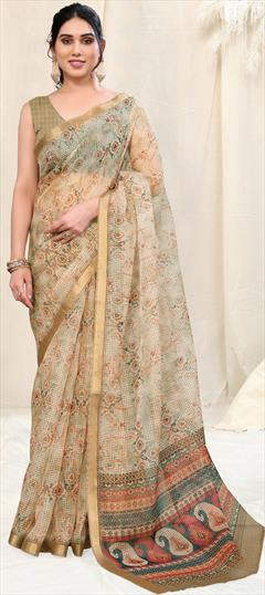 Festive, Traditional Beige and Brown color Saree in Kota Doria Silk fabric with Bengali Printed work : 1935025