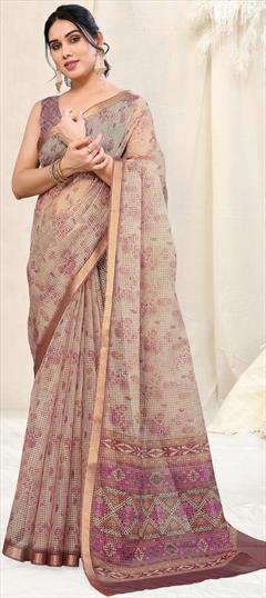 Festive, Traditional Beige and Brown color Saree in Kota Doria Silk fabric with Bengali Printed work : 1935026