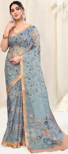 Festive, Traditional Blue color Saree in Kota Doria Silk fabric with Bengali Printed work : 1935027