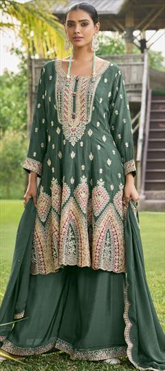 Reception, Wedding Green color Salwar Kameez in Silk fabric with Palazzo, Straight Embroidered, Sequence, Thread work : 1935037