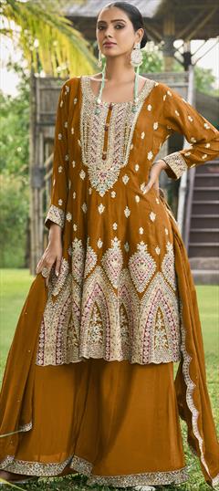 Reception, Wedding Beige and Brown color Salwar Kameez in Silk fabric with Palazzo, Straight Embroidered, Sequence, Thread work : 1935038