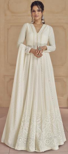 Mehendi Sangeet, Reception, Wedding White and Off White color Salwar Kameez in Georgette fabric with Palazzo, Slits Embroidered, Thread work : 1935041
