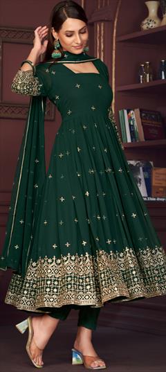 Engagement, Festive, Reception Green color Salwar Kameez in Georgette fabric with Anarkali Embroidered, Resham, Thread work : 1935077
