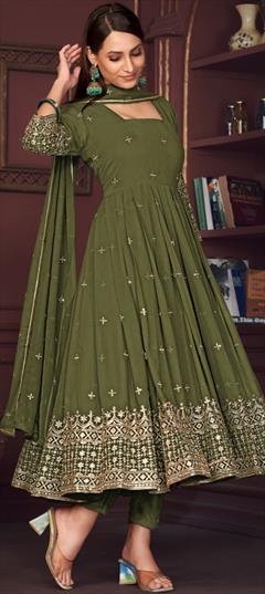Engagement, Festive, Reception Green color Salwar Kameez in Georgette fabric with Anarkali Embroidered, Resham, Thread work : 1935078