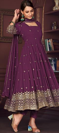 Engagement, Festive, Reception Purple and Violet color Salwar Kameez in Georgette fabric with Anarkali Embroidered, Resham, Thread work : 1935079