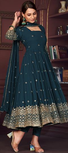 Engagement, Festive, Reception Green color Salwar Kameez in Georgette fabric with Anarkali Embroidered, Resham, Thread work : 1935080