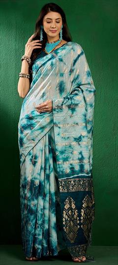 Party Wear, Traditional Blue color Saree in Blended Cotton fabric with Bengali Printed, Weaving work : 1935095