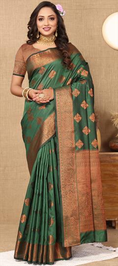 Party Wear, Traditional Green color Saree in Silk cotton fabric with Bengali Weaving, Zari work : 1935109