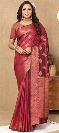 Party Wear, Traditional Red and Maroon color Saree in Silk cotton fabric with Bengali Weaving, Zari work : 1935114