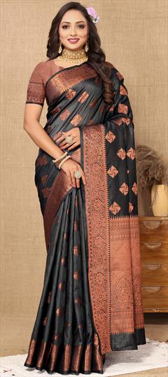 Party Wear, Traditional Black and Grey color Saree in Silk cotton fabric with Bengali Weaving, Zari work : 1935115