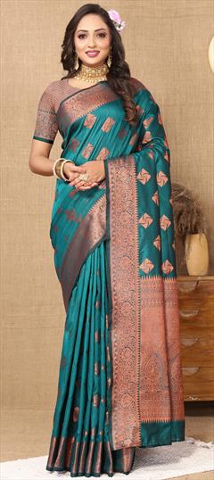 Party Wear, Traditional Green color Saree in Silk cotton fabric with Bengali Weaving, Zari work : 1935116