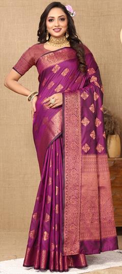 Party Wear, Traditional Pink and Majenta color Saree in Silk cotton fabric with Bengali Weaving, Zari work : 1935117