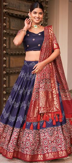 Festive, Reception Blue color Lehenga in Tussar Silk fabric with Flared Foil Print work : 1935148