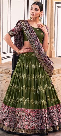 Festive, Reception Green color Lehenga in Tussar Silk fabric with Flared Foil Print work : 1935150