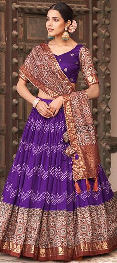 Festive, Reception Purple and Violet color Lehenga in Tussar Silk fabric with Flared Foil Print work : 1935151