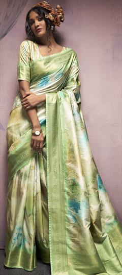 Reception, Traditional Green color Saree in Art Silk fabric with South Digital Print, Weaving work : 1935167