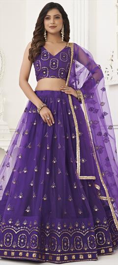 Engagement, Reception, Wedding Purple and Violet color Lehenga in Net fabric with Flared Embroidered, Sequence, Thread work : 1935169