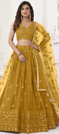 Engagement, Reception, Wedding Yellow color Lehenga in Net fabric with Flared Embroidered, Sequence, Thread work : 1935170