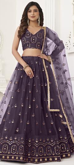 Engagement, Reception, Wedding Purple and Violet color Lehenga in Net fabric with Flared Embroidered, Sequence, Thread work : 1935171
