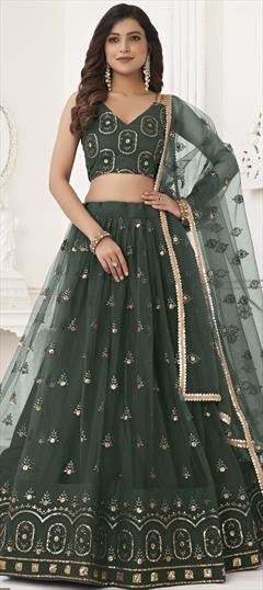 Engagement, Reception, Wedding Green color Lehenga in Net fabric with Flared Embroidered, Sequence, Thread work : 1935172