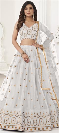 Engagement, Reception, Wedding White and Off White color Lehenga in Net fabric with Flared Embroidered, Sequence, Thread work : 1935173