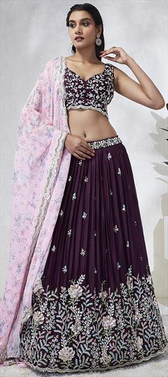 Bridal, Wedding Purple and Violet color Lehenga in Georgette fabric with Flared Embroidered, Mirror, Sequence, Thread work : 1935195