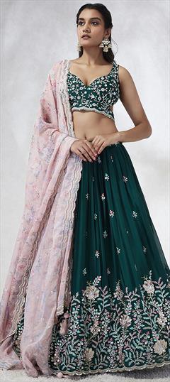 Bridal, Wedding Green color Lehenga in Georgette fabric with Flared Embroidered, Mirror, Sequence, Thread work : 1935197