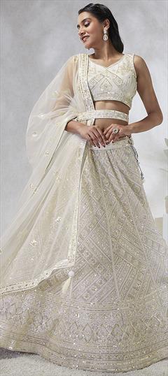 Bridal, Wedding White and Off White color Lehenga in Net fabric with Flared Cut Dana, Embroidered, Sequence, Thread, Zircon work : 1935200