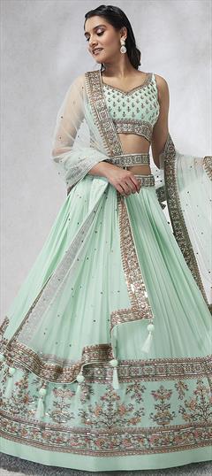 Bridal, Wedding Green color Lehenga in Georgette fabric with Flared Embroidered, Sequence, Thread work : 1935201