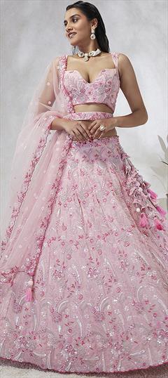 Bridal, Wedding Pink and Majenta color Lehenga in Georgette fabric with Flared Embroidered, Sequence, Thread work : 1935202