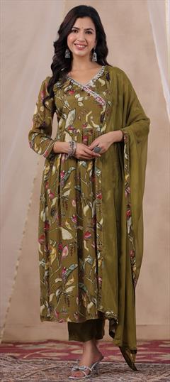 Festive, Party Wear, Reception Green color Salwar Kameez in Silk fabric with Anarkali Bugle Beads, Floral, Mirror, Printed work : 1935229