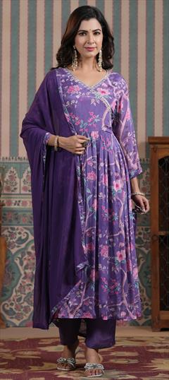 Festive, Party Wear, Reception Purple and Violet color Salwar Kameez in Silk fabric with Anarkali Bugle Beads, Floral, Mirror, Printed work : 1935230